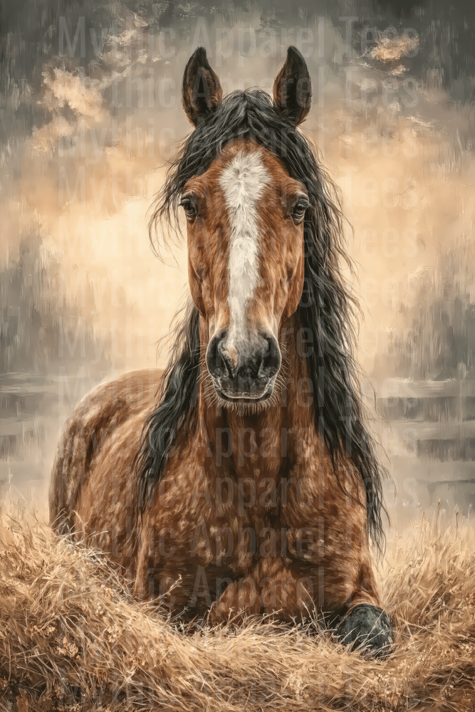 Majestic Bay Horse with Black Mane Resting in Golden Grass Painted Portrait