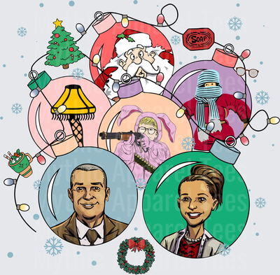 A Christmas Story Character Collage Ornament Balls with Ralphie Pink Bunny Suit Leg Lamp Old Man Santa Soap Bar Holiday Wreath String Lights Snowflakes