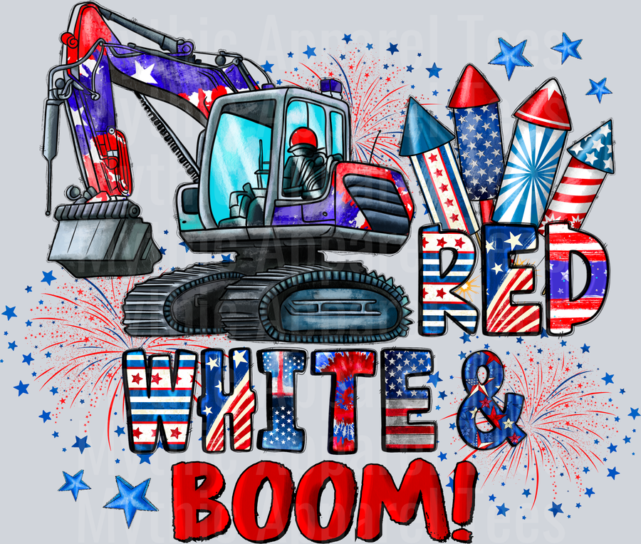 Red White And Boom Excavator 2 4th of july DTF Patriotic Transfers