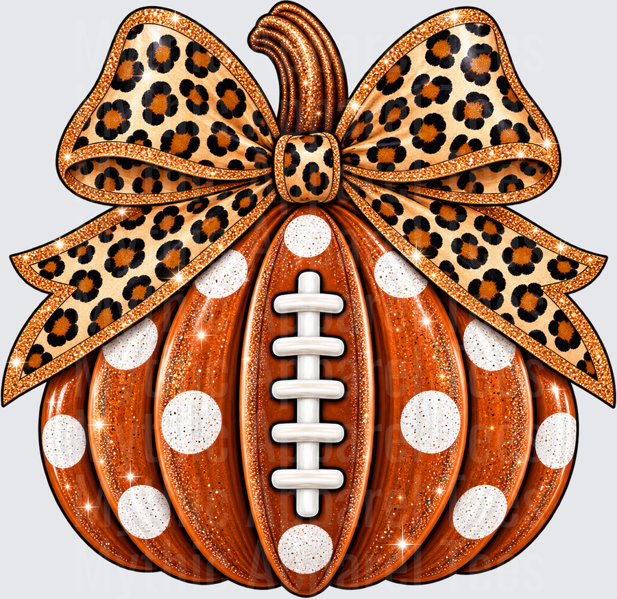 Pumpkin Football Laces Glitter Polka Dot with Leopard Print Bow Fall Autumn Design