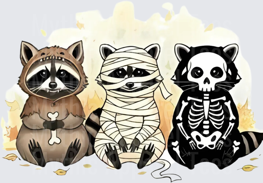 Three Halloween Raccoons Zombie Mummy Skeleton Spooky Trio Watercolor Autumn Leaves
