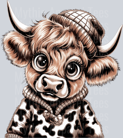 precious Highland Cow with cow jacket DTF Highland Cow Transfers
