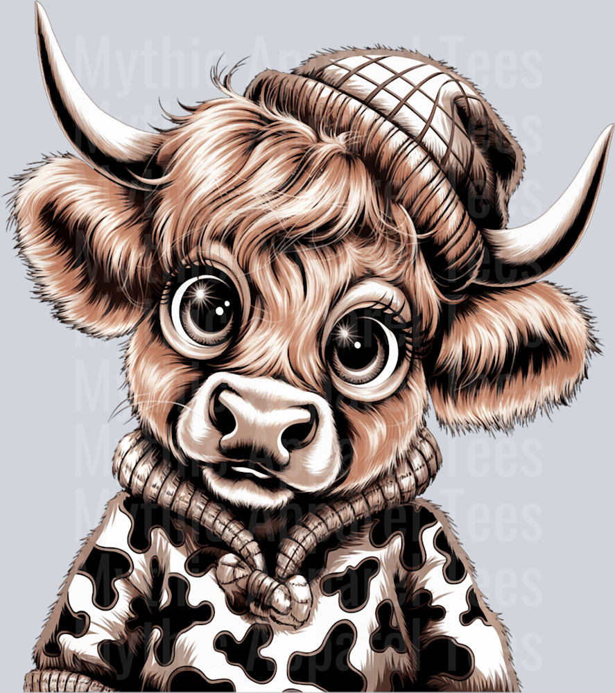 precious Highland Cow with cow jacket DTF Highland Cow Transfers
