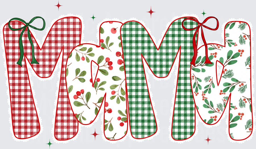 Christmas Mama Plaid and Holly Berry Patchwork Letter Design with Bows and Sparkle Stars