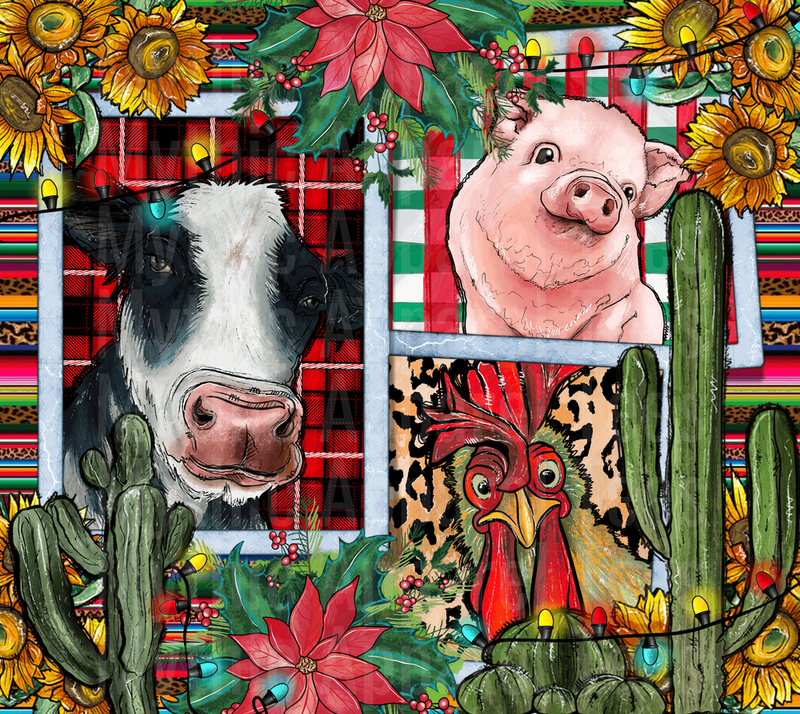 Christmas Farm Animals Cow Pig Rooster Window Serape Leopard Plaid Sunflowers Cactus Holiday Lights Poinsettia Western