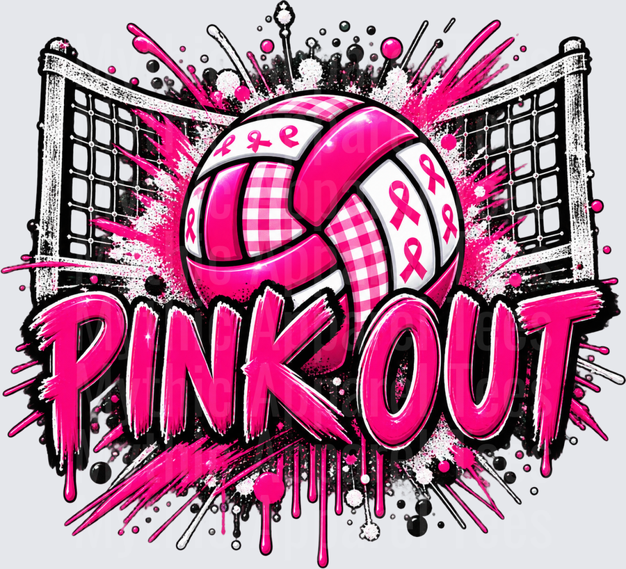 Pink Out Volleyball Breast Cancer Awareness Ribbon Gingham Grunge Net Splatter Design
