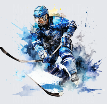 Ice Hockey Player Blue Jersey Watercolor Splash Action Art