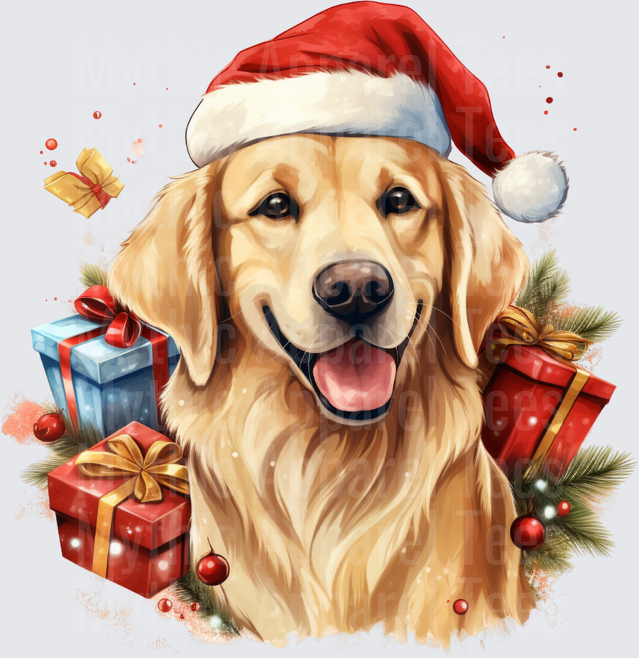 Smiling Golden Retriever Santa Hat Christmas Gifts Pine Branches Holiday