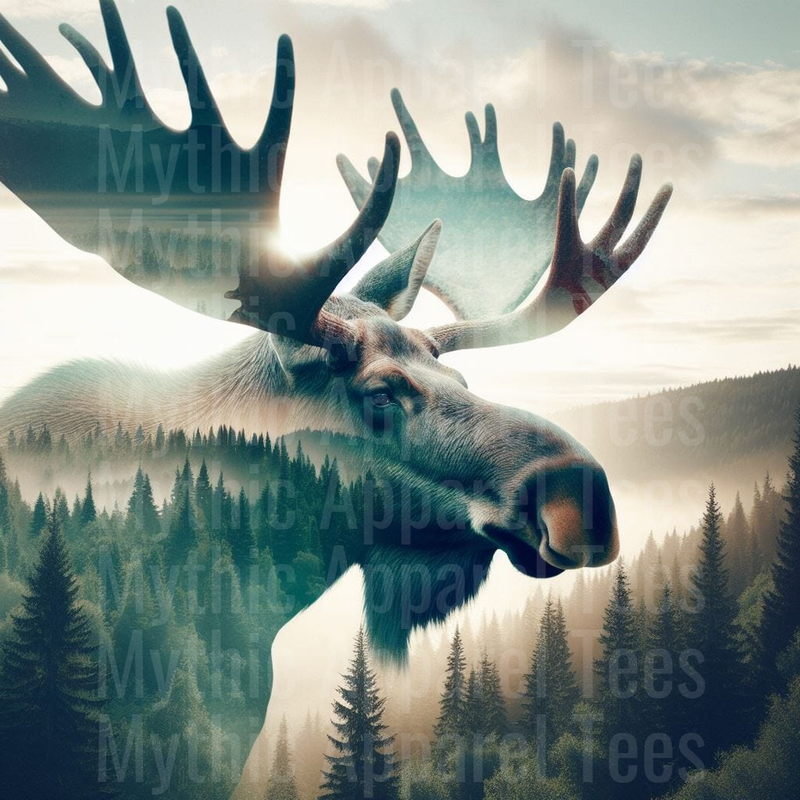 Bull Moose Double Exposure with Misty Pine Forest and Mountain Sunrise Landscape