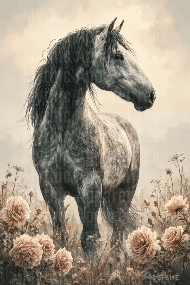 Majestic Dapple Gray Horse Standing Among Blush Pink Roses Vintage Botanical Art
