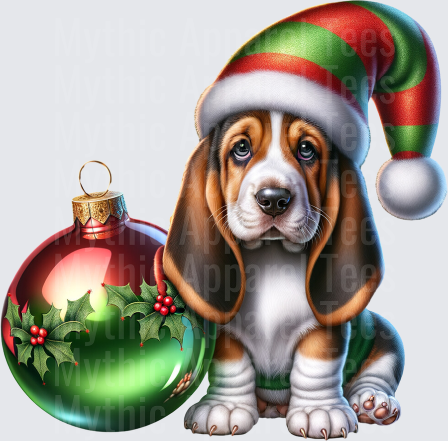 Adorable Basset Hound Puppy Wearing Red and Green Striped Christmas Elf Hat with Holly Ornament