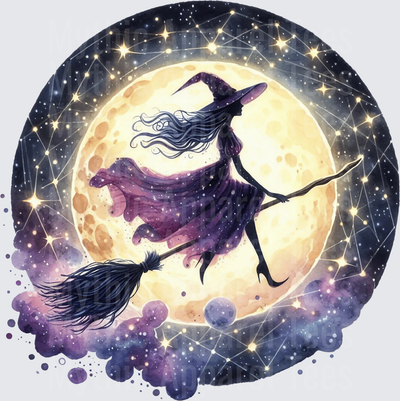 Halloween Gothic Witches Flying Broomstick Full Moon Constellation Watercolor Circle