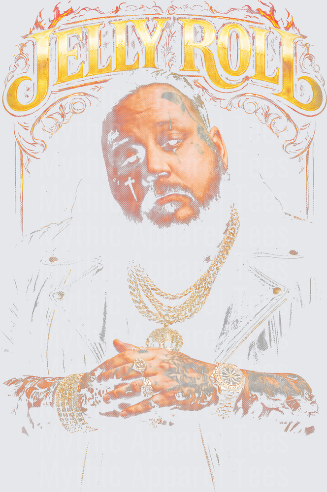 Jelly Roll Tattooed Rapper Portrait with Gold Chain and Flaming Ornate Logo Graphic