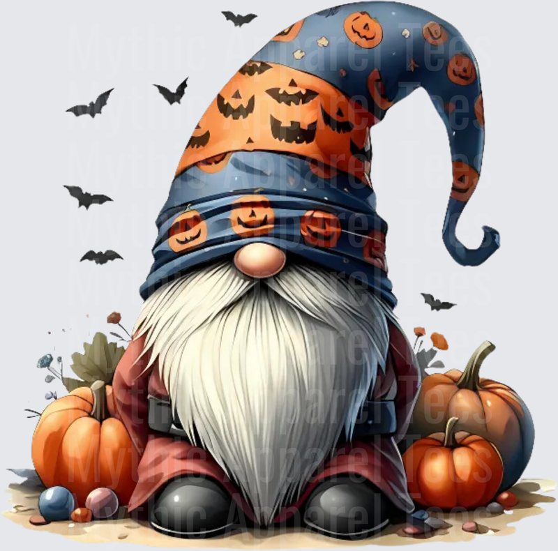 Halloween Gnome with Jack-O-Lantern Hat Surrounded by Pumpkins and Flying Bats