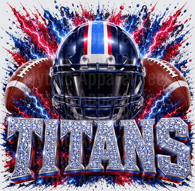 Rhinestone Style NFL Tennessee Titans Navy Blue Helmet Lightning Bolt Paint Splash with Diamond Bedazzled Bold Text Football Design