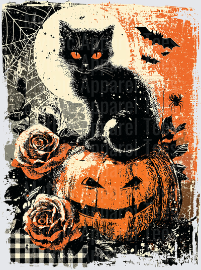 Distressed Halloween Black Cat with Glowing Orange Eyes Perched on Jack-O-Lantern with Roses Bats Spider and Full Moon Grunge Design