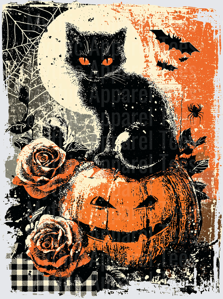 Distressed Halloween Black Cat with Glowing Orange Eyes Perched on Jack-O-Lantern with Roses Bats Spider and Full Moon Grunge Design