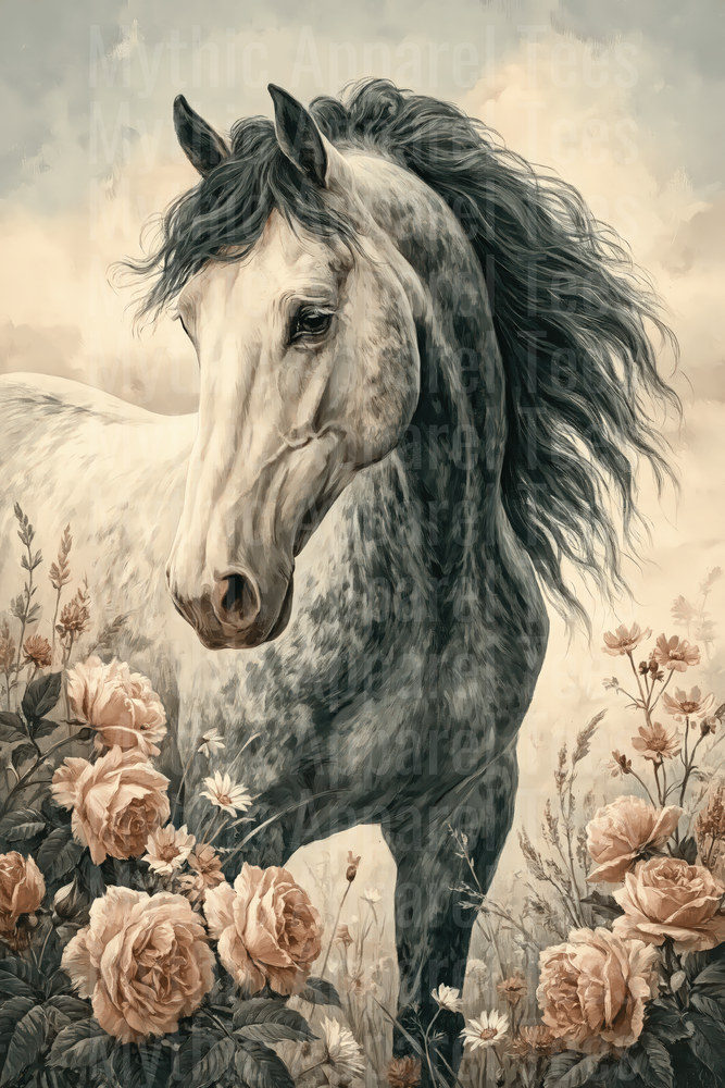 Dapple Grey Horse with Flowing Black Mane Surrounded by Blush Pink Roses and Wildflowers Vintage Painting Style