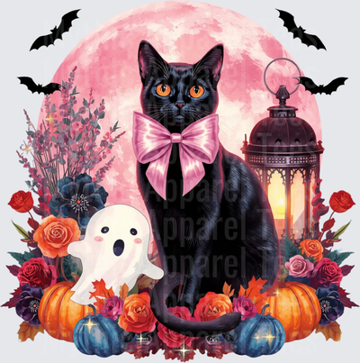 Halloween Black Cat Pink Bow Ghost Pumpkin Full Moon Floral
