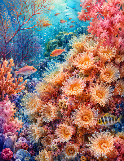 Ocean Animals Vibrant Coral Reef Fish Watercolor Underwater Scene