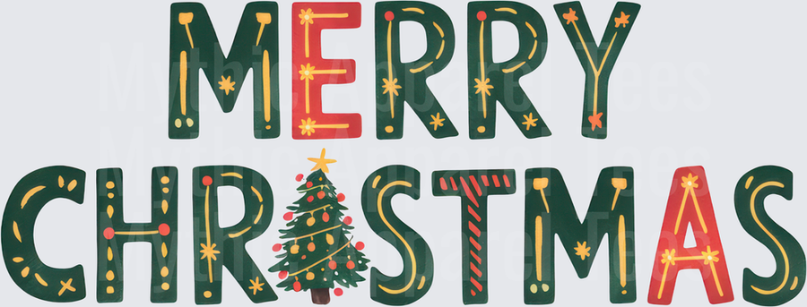 Merry Christmas Festive Typography with Decorated Tree and Holiday Lettering in Green Red and Gold