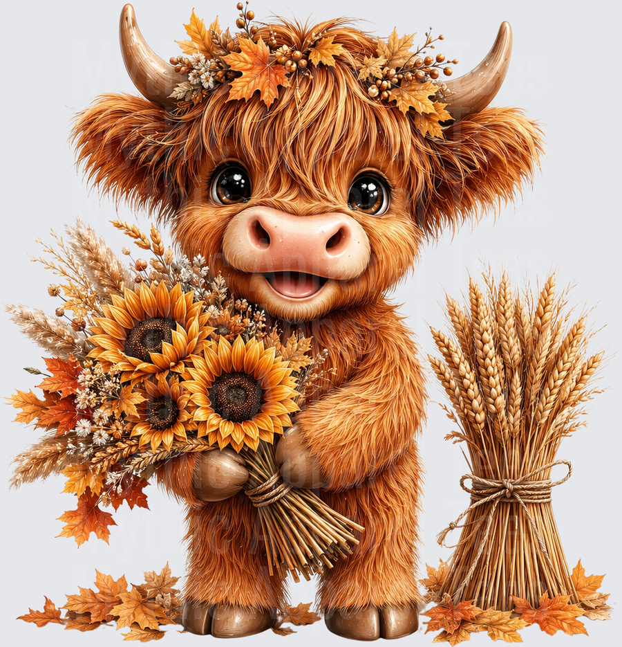 Cute Baby Highland Cow with Autumn Sunflower Bouquet Fall Leaves and Wheat Sheaf