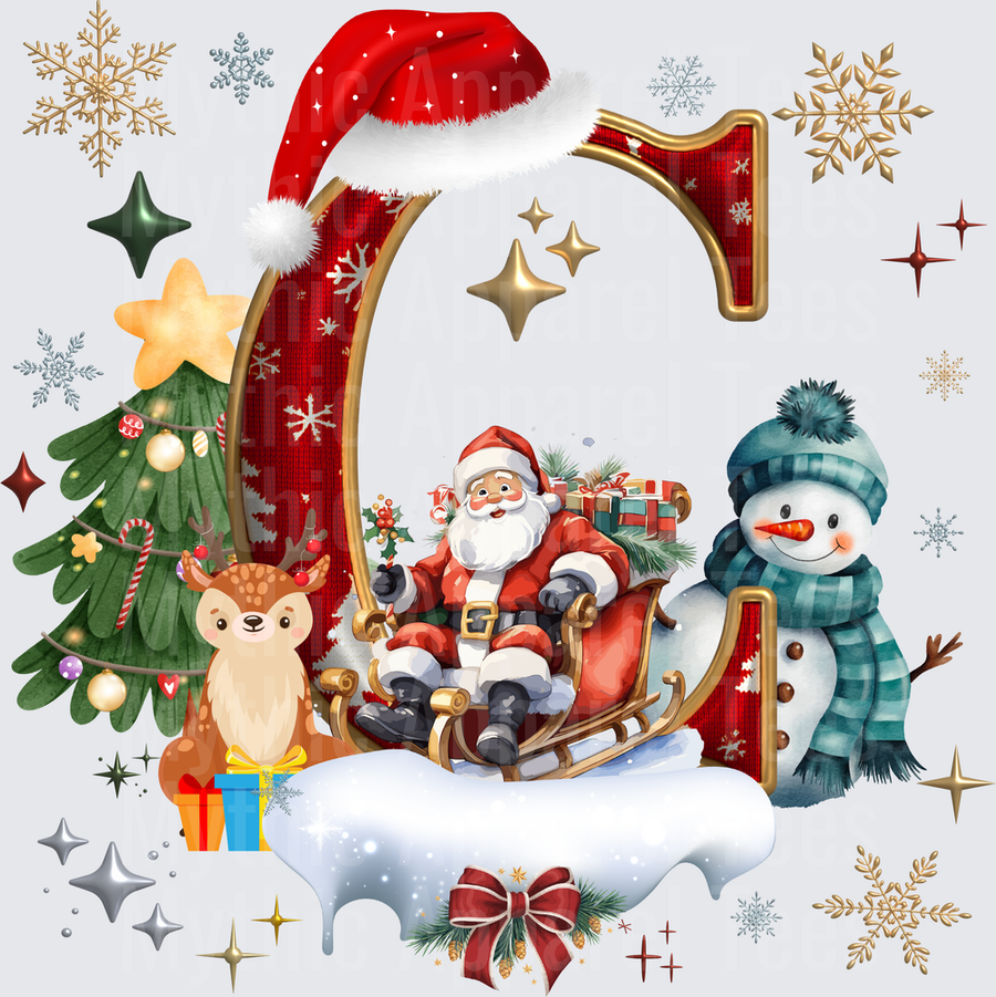 Letter C Christmas Holiday Santa Claus Sleigh Snowman Reindeer Festive Monogram with Gold Snowflakes Christmas Tree and Gifts