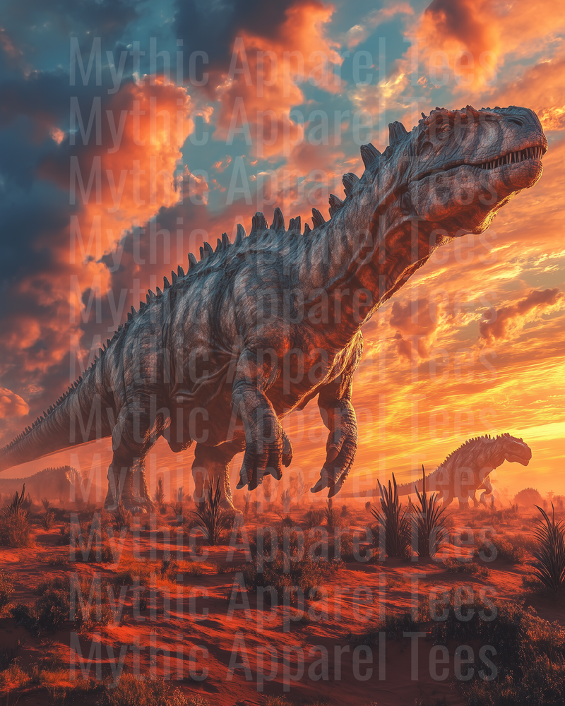 Massive Spiked Dinosaur Herd Roaming Ancient Desert Plains Under Fiery Sunset Sky