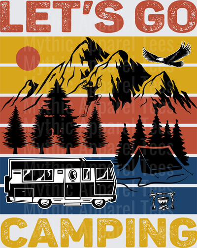 Let's Go Camping Retro Vintage Mountain Scene with RV Motorhome Tent Rock Climber Bald Eagle and Campfire