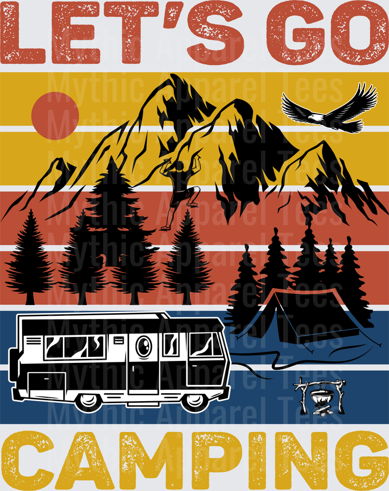 Let's Go Camping Retro Vintage Mountain Scene with RV Motorhome Tent Rock Climber Bald Eagle and Campfire