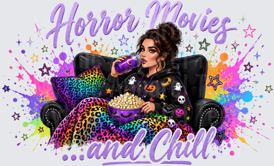 Halloween Horror Movies and Chill Cozy Woman with Popcorn Rainbow Leopard Print Colorful Splash Design