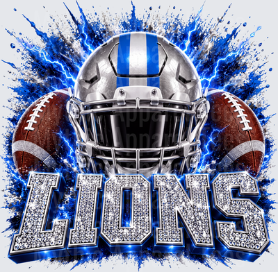 Rhinestone Style NFL Lions Silver and Blue Football Helmet with Diamond Encrusted Bold Text and Electric Lightning Splash