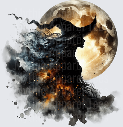 Halloween Gothic Witches Silhouette Full Moon Smoky Watercolor