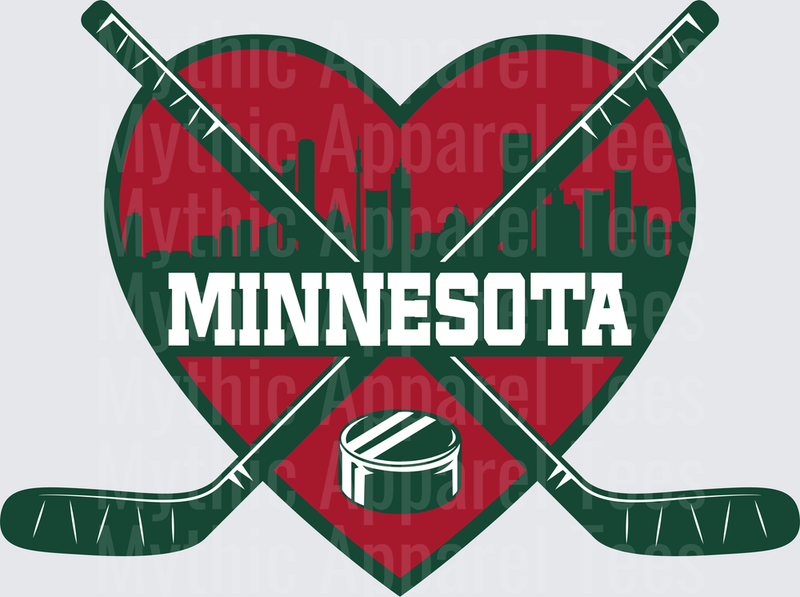 NHL Teams Minnesota Wild Heart Crossed Hockey Sticks Skyline Puck