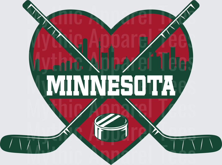 NHL Teams Minnesota Wild Heart Crossed Hockey Sticks Skyline Puck