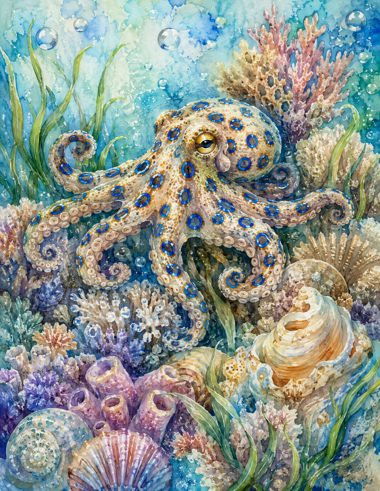 Ocean Animals Blue-Ringed Octopus Watercolor Coral Reef Scene