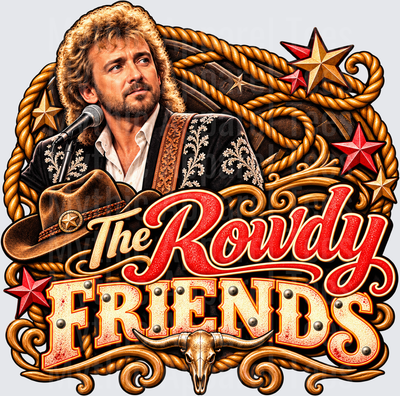 Rowdy Country Music Singer with Curly Hair The Rowdy Friends Western Design with Rope Border Stars Cowboy Hat and Longhorn Skull