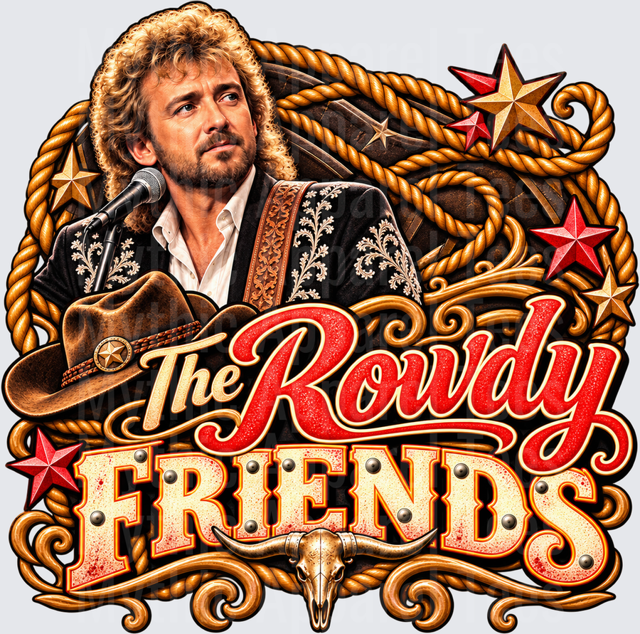 Rowdy Country Music Singer with Curly Hair The Rowdy Friends Western Design with Rope Border Stars Cowboy Hat and Longhorn Skull