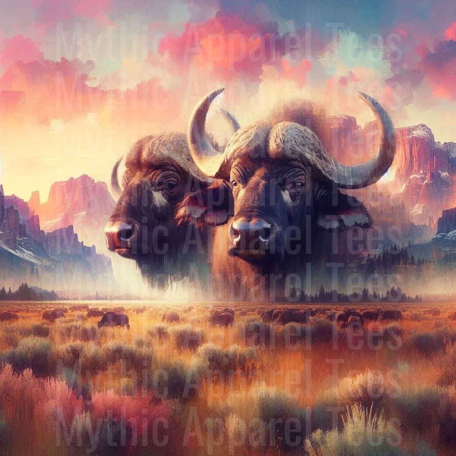 Majestic Bison Duo Towering Over Golden Prairie Herd With Red Rock Canyon Sunset Sky