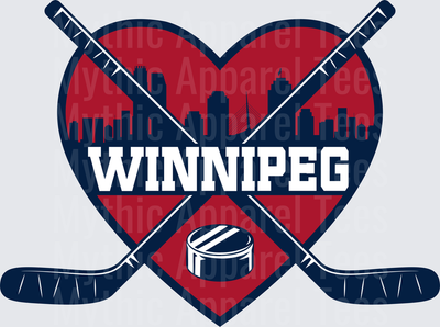 NHL Teams Winnipeg Jets Heart Skyline Crossed Hockey Sticks Puck