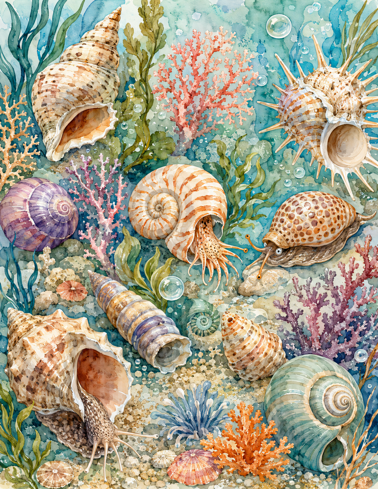 Ocean Animals Watercolor Seashells Coral Reef Underwater Scene