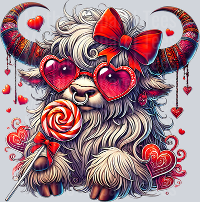 235 Womens Valentine_S Day Coquette Retro Heat Bubblegum Highland Cow V-Neck T-Shirt