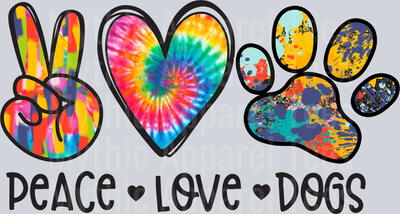 Peace Love Dogs tie dye colors peace sign and heart DTF Dog Transfers