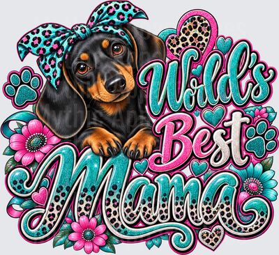 Dachshund World's Best Mama Black and Tan Wiener Dog with Leopard Print Bandana Teal Pink Glitter Floral Design