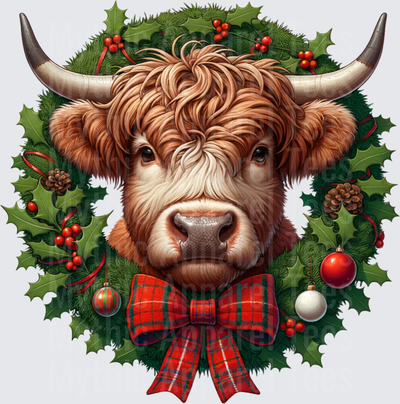 Highland Christmas Cow Wreath Holly Berries Plaid Bow