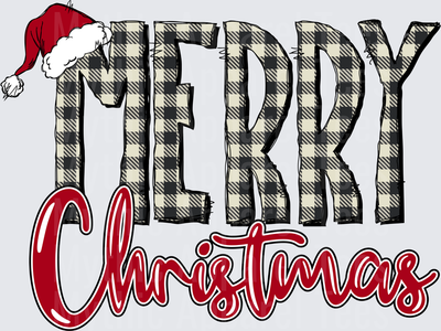 Merry Christmas Buffalo Plaid Letter Design with Santa Hat and Red Cursive Script