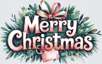 Merry Christmas Watercolor Greenery Bow and Gift Tag Holiday Lettering Design
