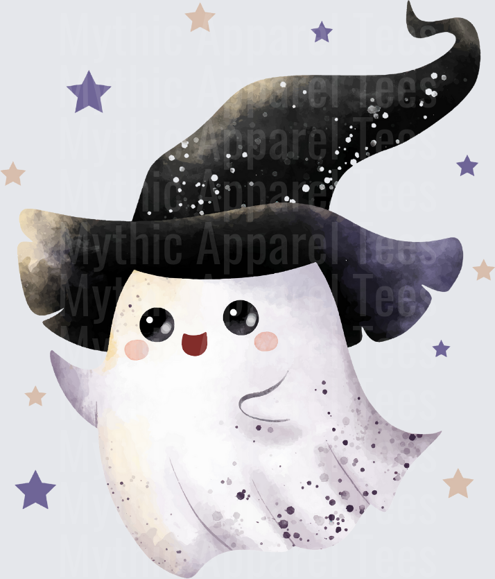 Cute Kawaii Ghost Wearing Starry Witch Hat Surrounded by Purple and Tan Stars Watercolor Halloween