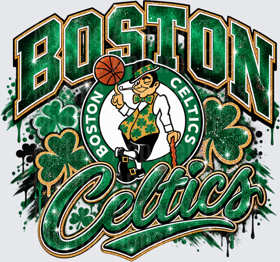 Basketball Boston Celtics Glitter Sparkle Lucky Leprechaun Shamrock Green Gold Drip Mascot Logo Graphic