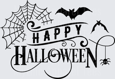 Happy Halloween Black Silhouette Typography with Flying Bats Spider Web and Hanging Spider